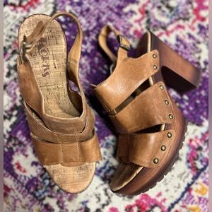 Vintage Style Korks Boho 70s Sandal Brown Leather Wood Platform Heel Studs 8